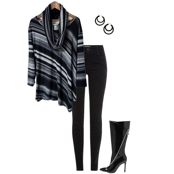 Diagonal Stripe Asymmetric Long Sleeve Sweater w/ Infinity Scarf | Cathe… - Picture 2 of 9